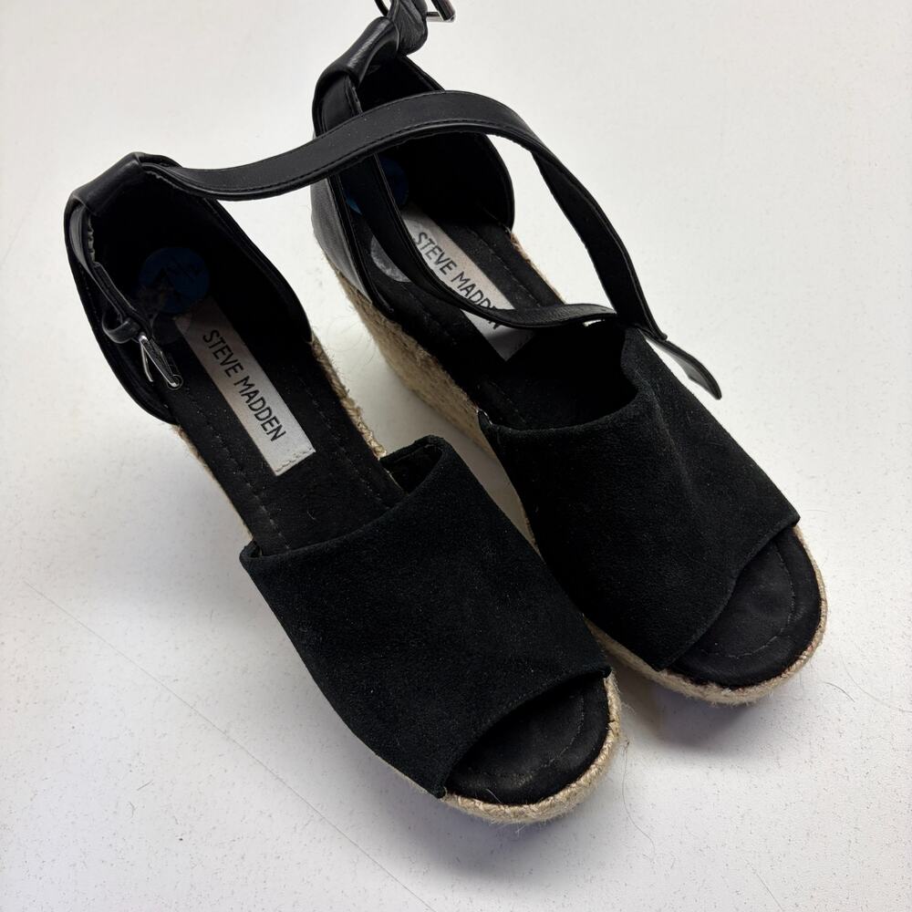 Steve Madden Jaylen Black Leather Ultra High Wedge Heel Sandals Womens Sz 7.5